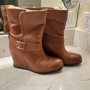 UGG Brown Leather Wedge Boots Fur Lined Buckle Strap Mid Calf Womens